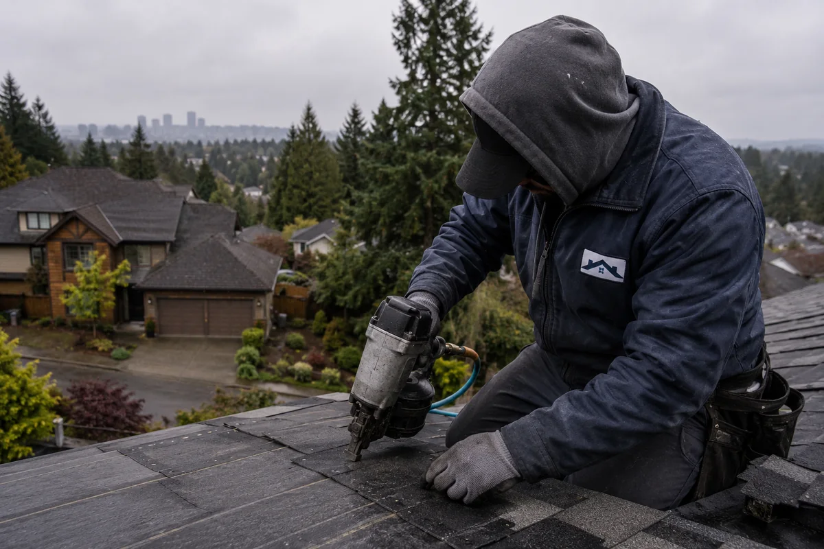 Roofing crew working on a property in Bellevue, WA