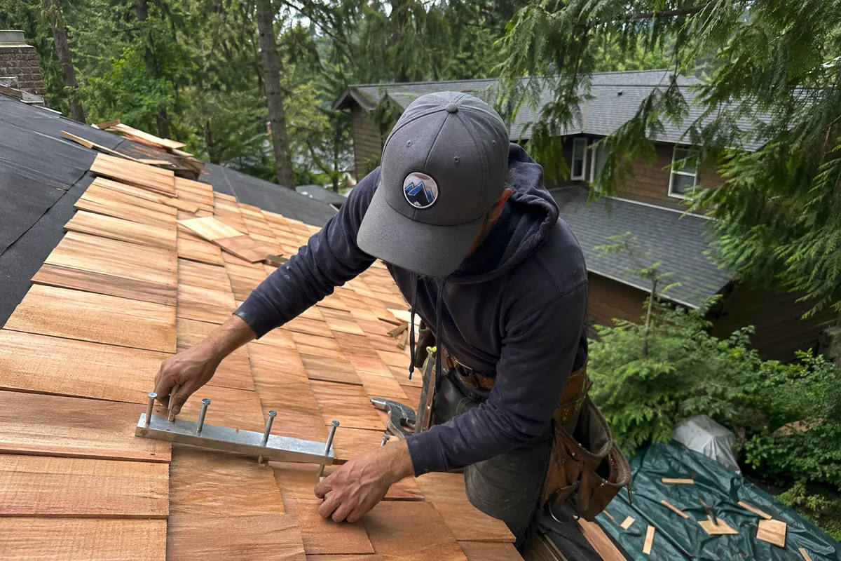 Cedar Shake Roofing underway on a property in Issaquah, WA