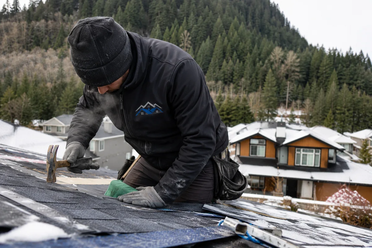 Roofing crew working on a property in North Bend, WA