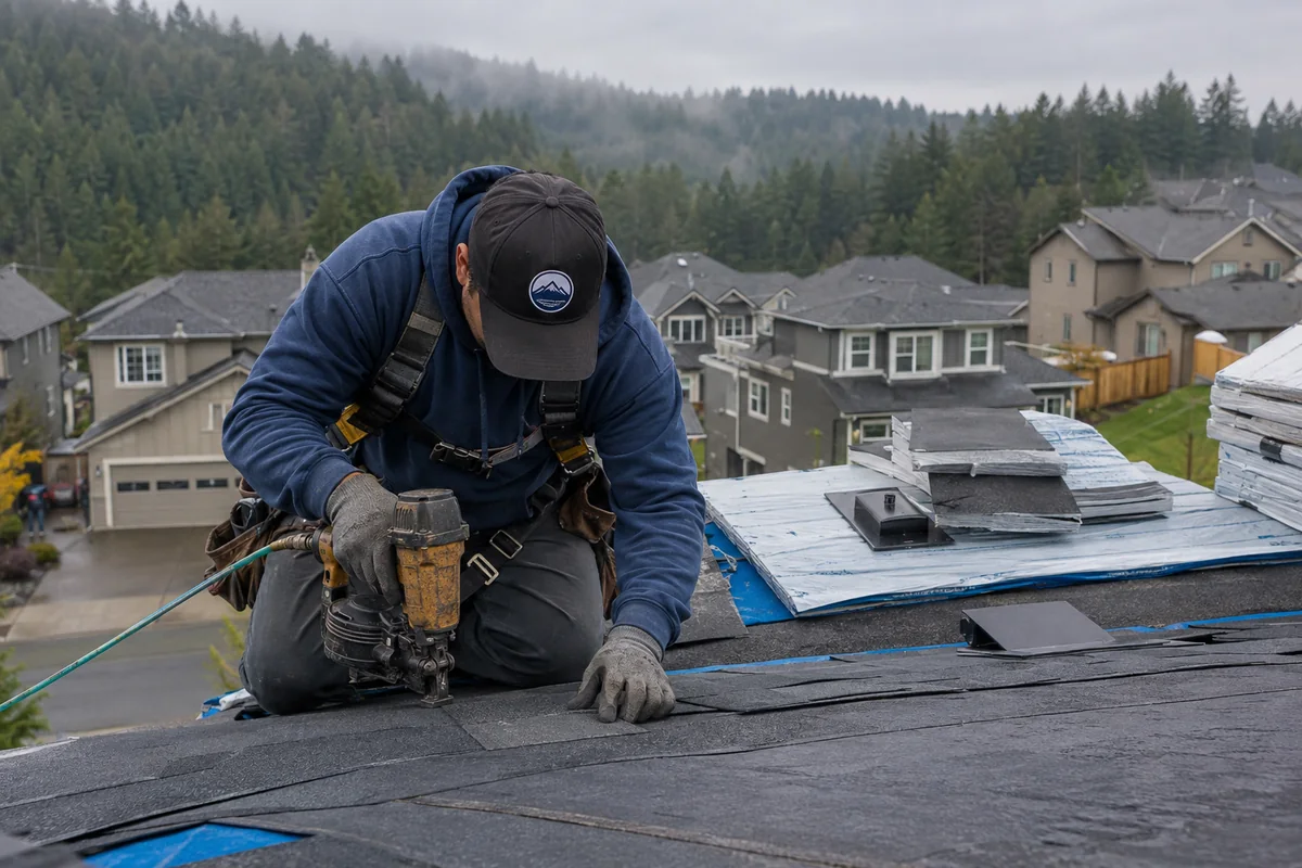 Roofing crew working on a property in Snoqualmie, WA